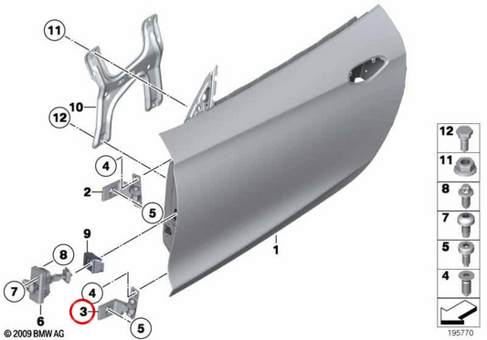 Dobradiça da porta inferior direita para BMW E89 Z4. BMW genuíno.