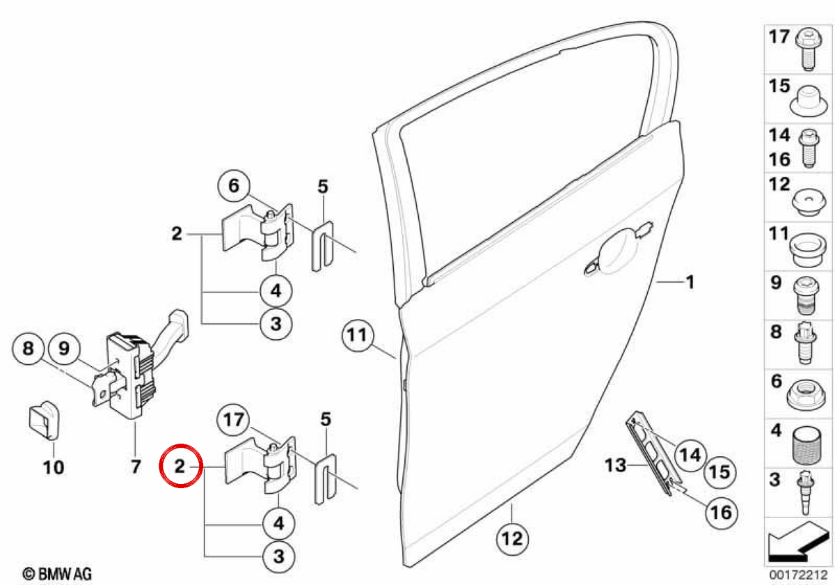 Upper left back door OEM 41527046051 for BMW E87, E90, E91. Original BMW.