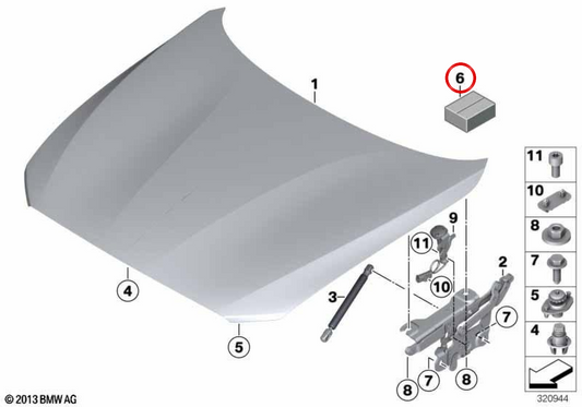 Kit de reparo da dobradiça do capô OEM 41617292743 para BMW F20, F21, F22, F23, F87, F34, F80, F32, F33, F36, F82, F83. BMW genuíno.