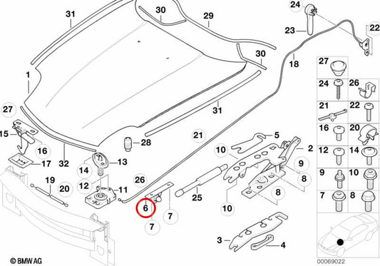 Suporte direito do amortecedor a gás OEM 41618239750 para BMW E52. BMW genuíno.