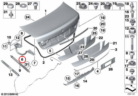 Bisagra de tapa de portamaletas derecha OEM 41627189258 para BMW Serie 7 F01, F02, F03, F04 Hybrid... y más. Original BMW.