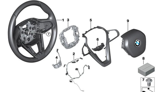 Volante deportivo de cuero con levas OEM 32307949701 para BMW X5 G05, X6 G06, X7 G07. Color Night Blue. Original BMW.
