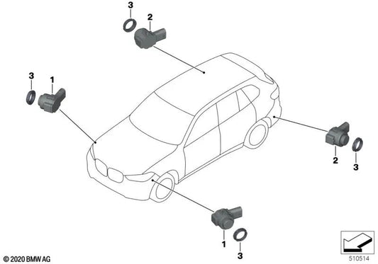 Gray ultrasonic sensor for BMW G30N, G31N 5 Series, G32N 6 Series, G05, G18 X5, G06 X6 (OEM 66209826963). Genuine BMW.