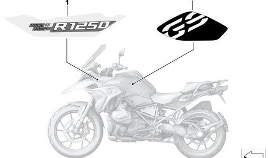 Inscrição acabamento lateral esquerdo OEM 51149457795 para BMW Motorrad R 1250 GS (K50) Triple Black. Originais BMW Motorrad.