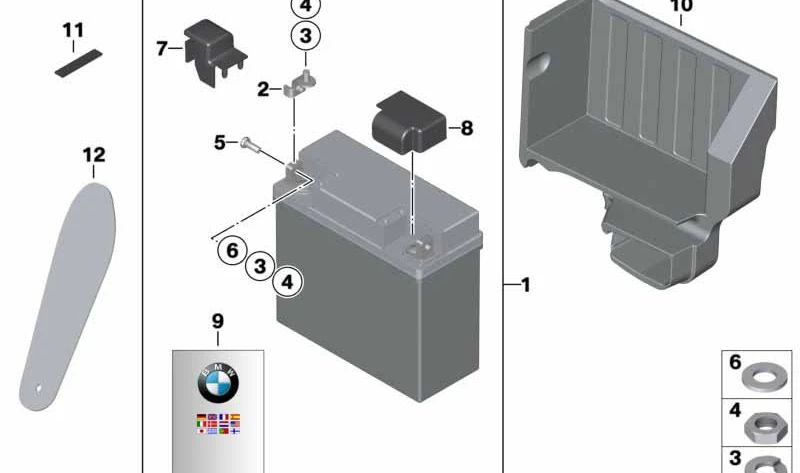 Supporto batteria OEM 4637693206 per BMW Motorrad R1200GS, R1200GS AVVENTRE, R1200R, R1200RT, HP2 Enduro, HP2 Megamoto. BMW MOTORAD originale.