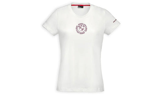 Camiseta blanca "Make Life a Ride" para mujer, talla M, 100% algodón, con diseño impreso delante y detrás. OEM 76615A81286 para BMW Motorrad. Original BMW Motorrad.
