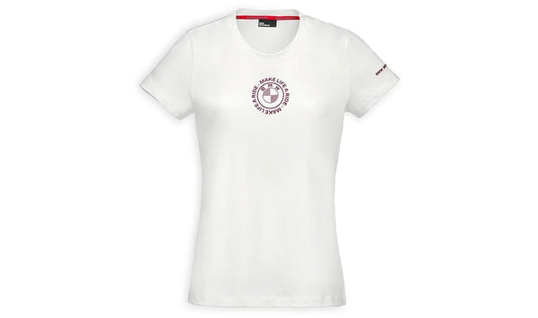 Camiseta blanca "Make Life a Ride" para mujer, talla M, 100% algodón, con diseño impreso delante y detrás. OEM 76615A81286 para BMW Motorrad. Original BMW Motorrad.