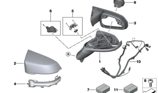 Módulo de luz izquierdo OEM 51165A7A493 para BMW Serie 2 U06, X1 U11 y X2 U10. Repuesto original BMW para retrovisores exteriores.