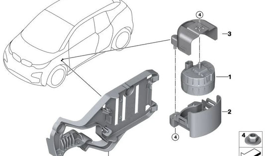 Soporte de sirena de emergencia OEM 65759284677 para BMW i3 (I01) 60Ah y 120Ah, con y sin Rex. Modelos compatibles: I01 (1Z21, 1Z22, 1Z23, 1Z41, 8P21, 8P22, 8P23, 8P41, 8P42, 8P43). Original BMW.