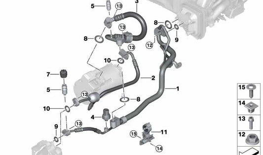 Tubo de aspiración evaporador-compresor OEM 64539321603 para BMW G30 530e, G11 740e, G12 740e xDrive. Original BMW.