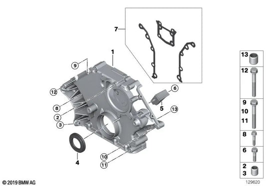 Lower chain case cover for BMW E60, E61, E63, E64, E65, E66, E53 (OEM 11147533686). Original BMW
