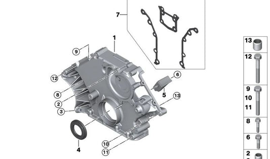 Tapa inferior del árbol de levas OEM 11147540943 para BMW E70 X5 4.8i (FE81, FE82) con motor N62T. Original BMW.