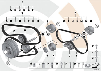 Accessori OEM Kit Correa 11282357311 per BMW E83, E83N. Include cinghia, puleggia di tensione, guida e rullo a vite. Ideale per l'alternatore e la pompa dell'acqua. BMW originale.