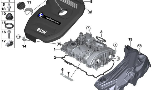 Tapa trasera motor OEM 11128626613 para BMW F20, F21, F22, F23, F30, F31, F32, F36. Compatible con versiones 116i y 118i. Pieza original BMW.