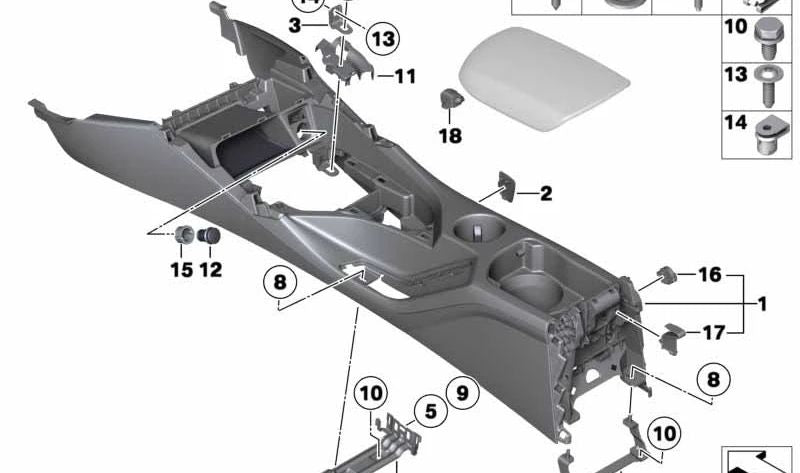 Soporte consola central trasera OEM 51167127107 para BMW E81, E82, E87, E90, E91, E92, E93, E84. Original BMW.