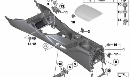 Soporte consola central trasera OEM 51167127107 para BMW E81, E82, E87, E90, E91, E92, E93, E84. Original BMW.
