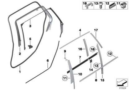 Moldura exterior brillante para puerta trasera derecha OEM 51357209714 para BMW F11. Original BMW.