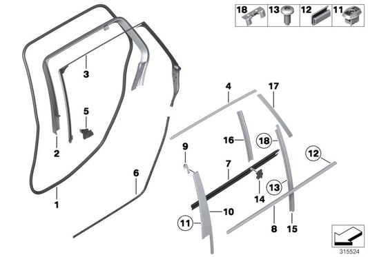 Moldura exterior brillante para puerta trasera derecha OEM 51357209714 para BMW F11. Original BMW.