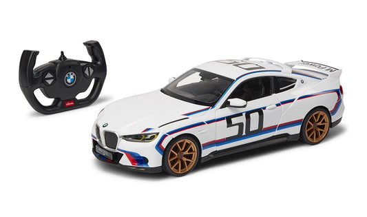 Coche teledirigido BMW 3.0 CSL a escala 1:14 con luces, neumáticos de goma y detalles interiores. Incluye baterías. Para niños desde 8 años. OEM 80445B308D7. Original BMW.
