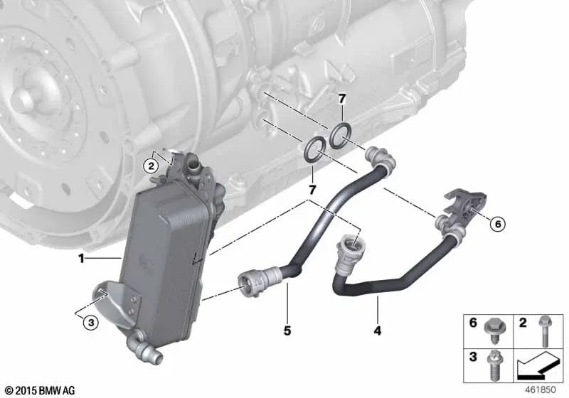 Transmission Oil Cooler Hose For BMW 3 Series G20, G20N, G21, 5 Series G30N, G31, 6 Series G32, G32N, 7 Series G11, G12, 8 Series G14, G15, G16, X3 G01, G01N, X4 G02, G02N, X5 G05, X6 G06, X7 G07 (OEM 17228576824). Original BMW.