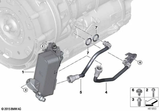 Transmission Oil Cooler Hose For BMW 3 Series G20, G20N, G21, 5 Series G30N, G31, 6 Series G32, G32N, 7 Series G11, G12, 8 Series G14, G15, G16, X3 G01, G01N, X4 G02, G02N, X5 G05, X6 G06, X7 G07 (OEM 17228576824). Original BMW.