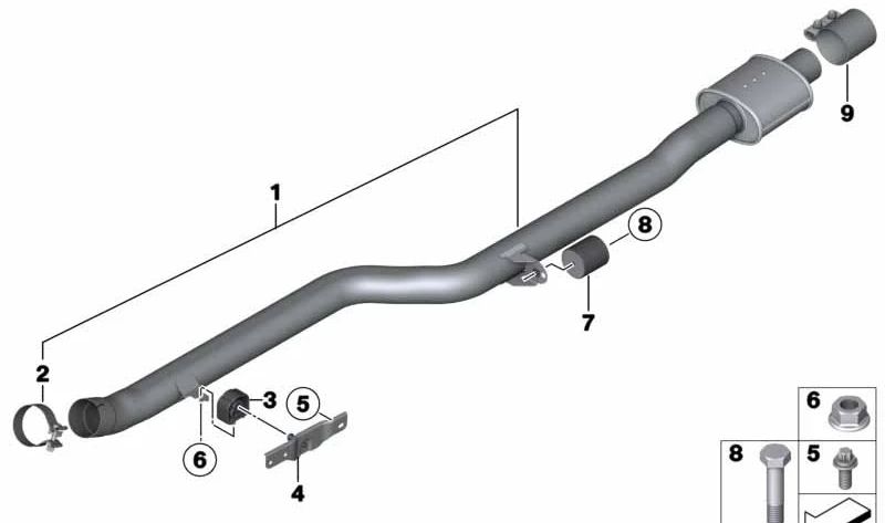 Tubo de escape con silenciador intermedio OEM 18308614938 para BMW F25 xDrive35i y F26 xDrive35i. Pieza original BMW.