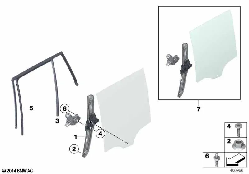 Escenseur de fenêtre sans fenêtre, arrière gauche pour BMW F26 (OEM 51357335601). BMW d'origine.