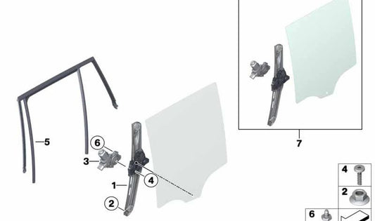 Elevalunas trasero derecho sin motor OEM 51357335602 para BMW F26 X4 (modelos xDrive20d, xDrive20i, xDrive28i, xDrive30d, M40i). Recambio original BMW.