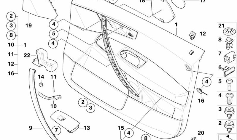 Panel interior puerta delantera izquierda OEM 51413454635 para BMW X3 E83. Color oyster. Original BMW.