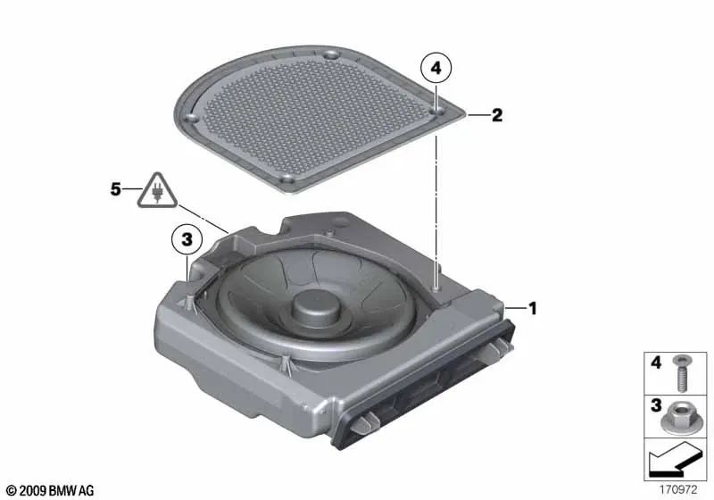 Left center subwoofer for BMW F07, F07N 5 Series (OEM 65139241119). Original BMW