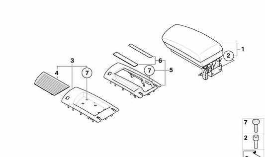 Tapa reposabrazos delantera en cuero OEM 51163435513 para BMW X3 E83 (1.8d, 2.0d, 2.0i, 2.0sd, 2.5si, 3.0d, 3.0sd). Compatible con modelos fabricados entre 2006 y 2010. Original BMW.