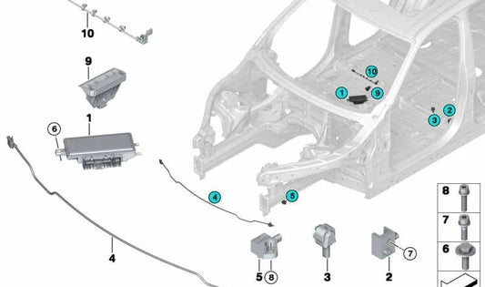 Sensor protección peatones OEM 65765A2A069 para BMW F15, F85, F16, F86 (X5 y X6). Compatible con modelos sDrive25d, xDrive25d, xDrive28i, xDrive30d. Sensor original BMW para sistema de seguridad delantera.