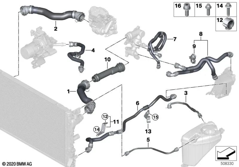 Coolant Radiator Hose for BMW G30, G30N, G31, G31N, G32N, G11, G11N, G12, G12N, G14, G15, G16 (OEM 17128598387). Original BMW