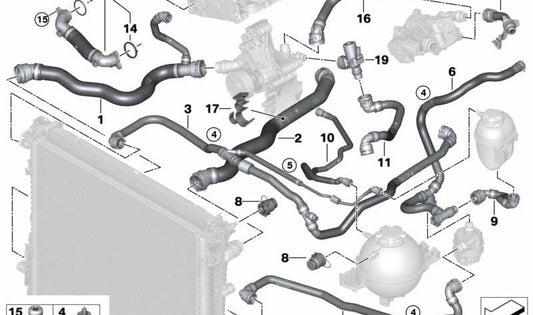 Tubería de retorno de refrigerante OEM 17128670700 para BMW X3 G01 y X4 G02. Compatible con xDrive20i y xDrive30i. Original BMW.