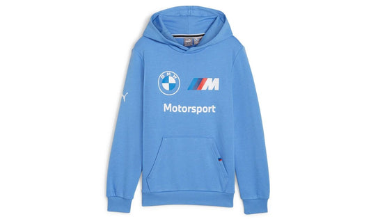 Sudadera con capucha infantil OEM 80145B31945 con logo BMW M Motorsport en azul claro. Para niños/as, compatible con todas las tallas según colección BMW M Motorsport. Original BMW.