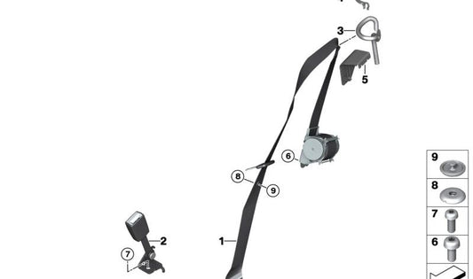 Guía cinturón seguridad izquierda OEM 72117304155 para BMW i3 (I01) 60Ah y 120Ah, versiones con y sin REX, modelos 2013–2022. Pieza original BMW.