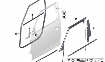 Guía de ventana puerta delantera izquierda OEM 51339800547 para MINI R60 (Cooper, Cooper ALL4, Diesel) modelos 2010-2016. Original MINI.