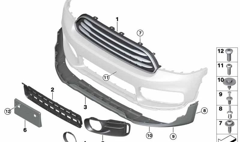 Rejilla central parachoques delantero OEM 51117422938 para MINI F60 (Cooper, Cooper S, All4) con y sin sensores PDC. Original MINI.