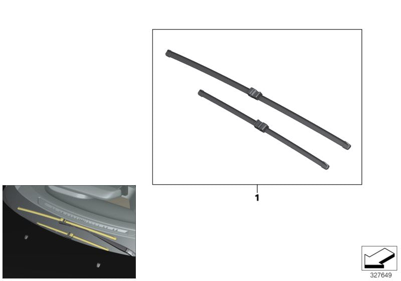 Juego de escobillas limpiaparabrisas OEM 61615A87368 para BMW i3 (I01) 60Ah, 94Ah, 120Ah y 120Ah Rex. Modelos compatibles: i3 desde 2013 hasta 2022. Original BMW.