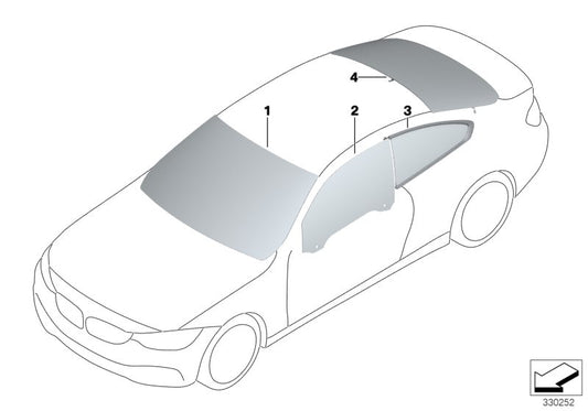Fenêtre latérale fixe arrière droite pour BMW F32, F82 (OEM 51377433342). BMW d'origine.