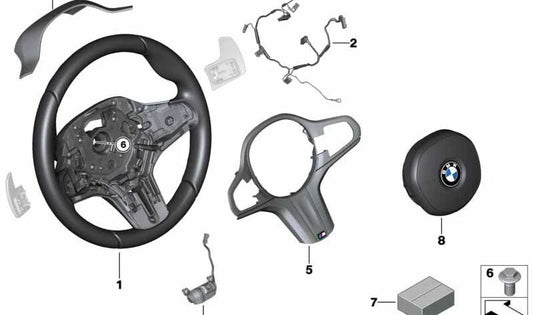 Embellecedor original para volante M Sport OEM 32305A3AE50 para BMW G30N, G31N, G14, G15, G16, G18. Compatible con volantes con levas y multifunción. Pieza original BMW