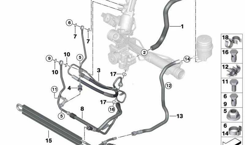 Tubo de retorno refrigeración dirección activa OEM 32416774303 para BMW E81, E82, E87, E87N, E88, E90, E90N, E91, E91N, E92, E92N, E93, E93N. Original BMW.
