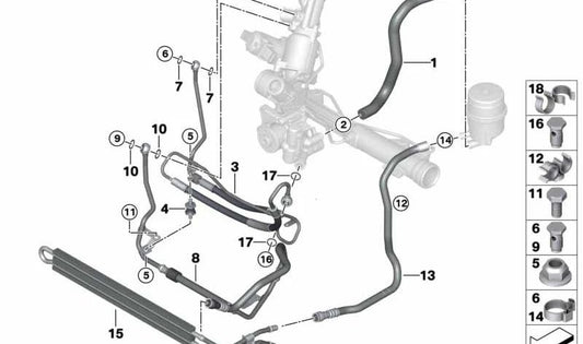 Tubo de retorno refrigeración dirección activa OEM 32416774303 para BMW E81, E82, E87, E87N, E88, E90, E90N, E91, E91N, E92, E92N, E93, E93N. Original BMW.