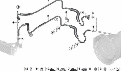 Tubo de retorno del radiador de aceite de la caja de cambios OEM 17222283585 para BMW E90, E90N, E92, E92N, E93, E93N. Original BMW.