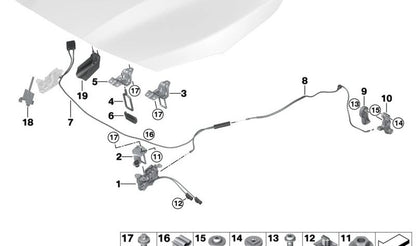 Front Hood Release Lever for BMW 1 Series F20 F21 F40 F52 F70; 2 Series F22 F23 F44 F45 F46 F87 U06; 3 Series F30 F31 F34 F35 F80; 4 Series F32 F33 F36 F82 F83; X1 F48 F49 U11; X2 F39 U10; MINI U25 (OEM 51237309606).