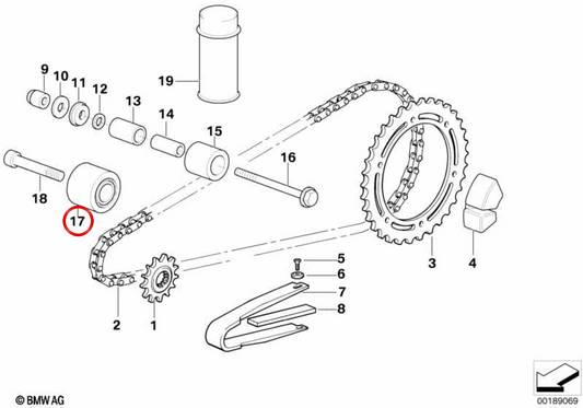 OEM tensioner roller 46517678506 for BMW F 650 GS, F 650 GS Dakar motorcycles. Original BMW Motorrad.