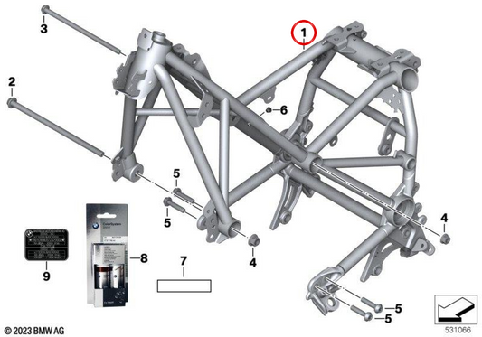Quadro principal de alumínio prateado sem VIN OEM 46518101200 para motocicletas BMW R 1200 GS, R 1250 GS, R 1200 GS Adventure, R 1250 GS Adventure. Originais BMW Motorrad.