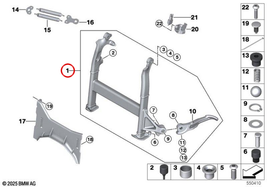 Cavalletto centrale OEM 46521635308 per moto BMW R 1300 GS (KA1), non adatto per sospensione sportiva SA 547 né per controllo adattivo SA 20C, valido con SA 20D. Originale BMW Motorrad.