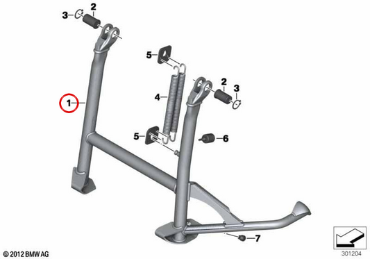 Cavalletto centrale OEM 46528532725 per moto BMW R 1200 GS, R 1250 GS, R 1200 GS Adventure, R 1250 GS Adventure, R 1200 RT, R 1250 RT, R 1200 R, R 1250 R, R 1200 RS, R 1250 RS. Originale BMW Motorrad