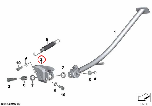 Steel side support support block OEM 46537715105 for BMW HP2 Enduro, HP2 Megamoto motorcycles. Original BMW Motorrad.